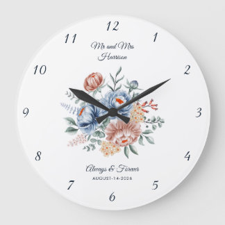 Elegante trouwklok waterverf bloemen Mr & Mrs op m Grote Klok