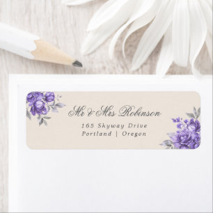 Elegante Trouwpaars Purperen Rustieke Bloemen  Etiket