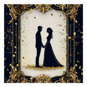 Elegante trouwsilhouet met sierlijke gouden lijst perfect poster