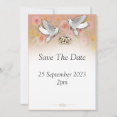 Elegante trouwuitnodiging, duiven en ringen wit kaart (Achterkant)