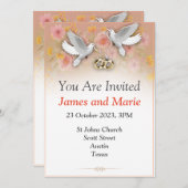 Elegante trouwuitnodiging, duiven en ringen wit kaart (Voorkant / Achterkant)