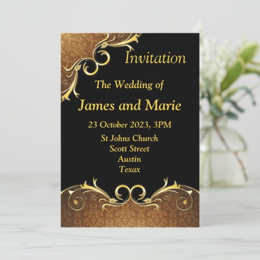 Elegante trouwuitnodiging, zwart en gouden rol kaart (Staand voorkant)