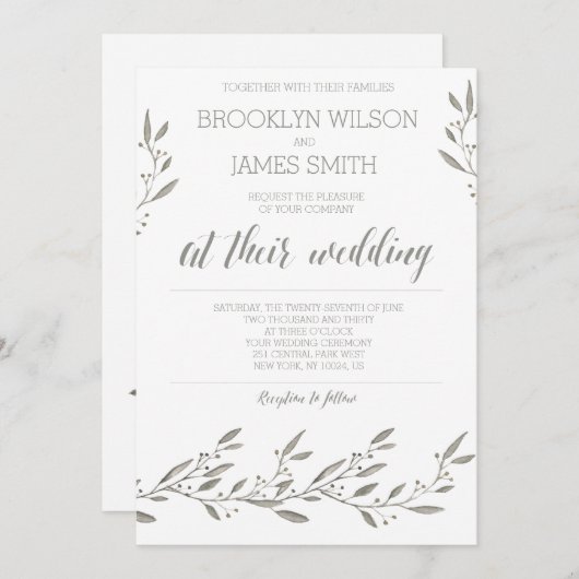 Elegante trouwuitnodigingen grijs bloemmotief kaart (Voorkant / Achterkant)