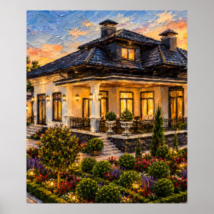 Elegante tuin landhuis olieverfschilderij poster v