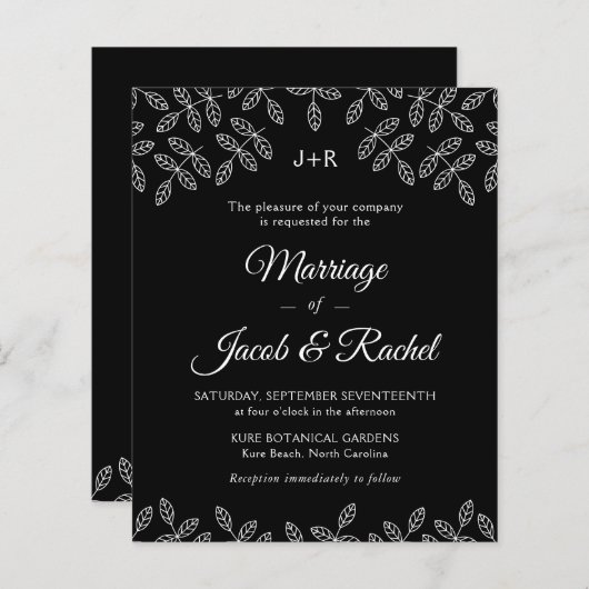 Elegante tuinbladeren Zwarte Trouwkaart (Voorkant / Achterkant)
