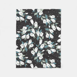 Elegante Tulp Bloem Patroon Zwarte Achtergrond Fleece Deken