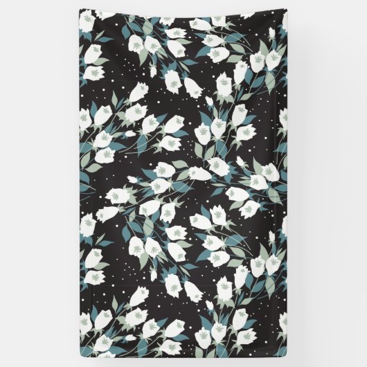 Elegante Tulp Bloem Patroon Zwarte Achtergrond Spandoek (Verticaal)