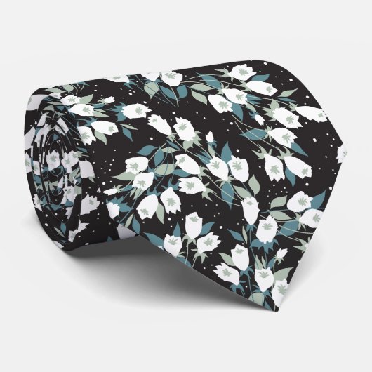 Elegante Tulp Bloem Patroon Zwarte Achtergrond Stropdas (Opgerold)