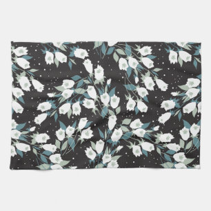 Elegante Tulp Bloem Patroon Zwarte Achtergrond Theedoek