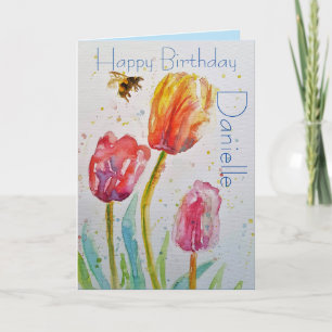 Elegante Tulp en Bee Watercolor Verjaardag Kaart
