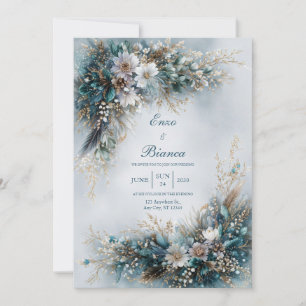 Elegante Turquoise Blauwe Bloem Gouden Veer Trouwf Kaart