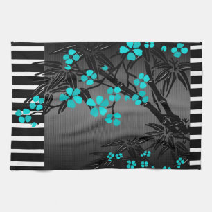 Elegante Turquoise Blauwe Bloem Zwarte Aziatische Theedoek