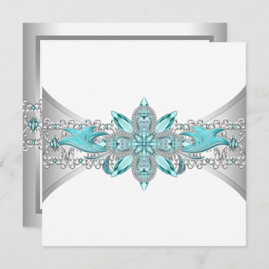 Elegante turquoise blauwe en zilveren bruiloft kaart (Voorkant / Achterkant)