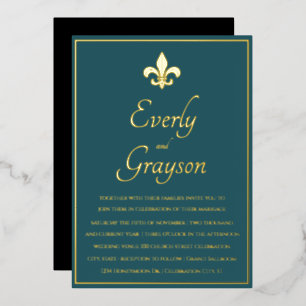 Elegante Turquoise Blauwe Gouden Fleur De Lis Trou Folie Uitnodiging