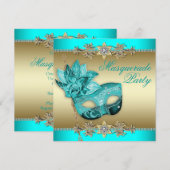 Elegante turquoise blauwe maskerade feestuitnodigi kaart (Voorkant / Achterkant)