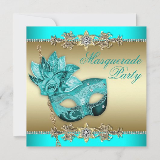 Elegante turquoise blauwe maskerade feestuitnodigi kaart (Voorkant)