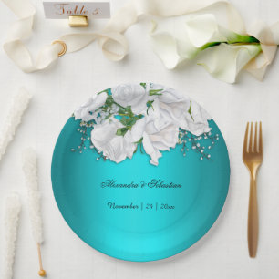 Elegante Turquoise bloemenbruiloft Papieren Bordje