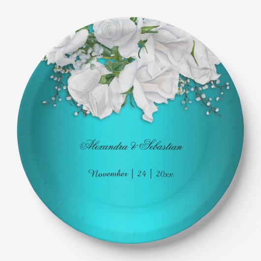 Elegante Turquoise bloemenbruiloft Papieren Bordje (Voorkant)