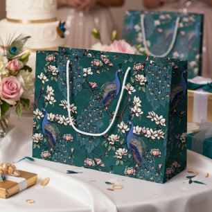 Elegante turquoise bloemmotieven van pauwen en mag groot cadeauzakje