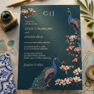 Elegante Turquoise Bloemrijke Pauw Trouw Goud Folie Uitnodiging