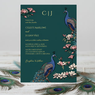 Elegante Turquoise Bloemrijke Pauw Trouwdag Folie Uitnodiging