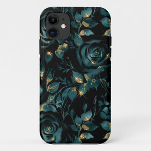 Elegante turquoise en gouden roos bloempatroon iPhone 11 hoesje