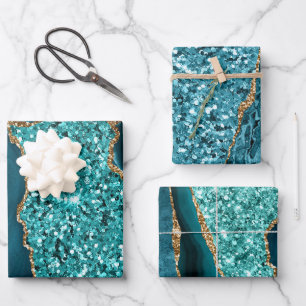 Elegante Turquoise Glitter Oceaan Agaat Verjaardag Inpakpapier Vel