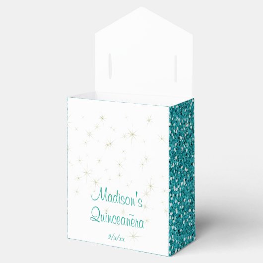 Elegante Turquoise Glitter, Quinceanera Custom Bedankdoosjes (Geopend)