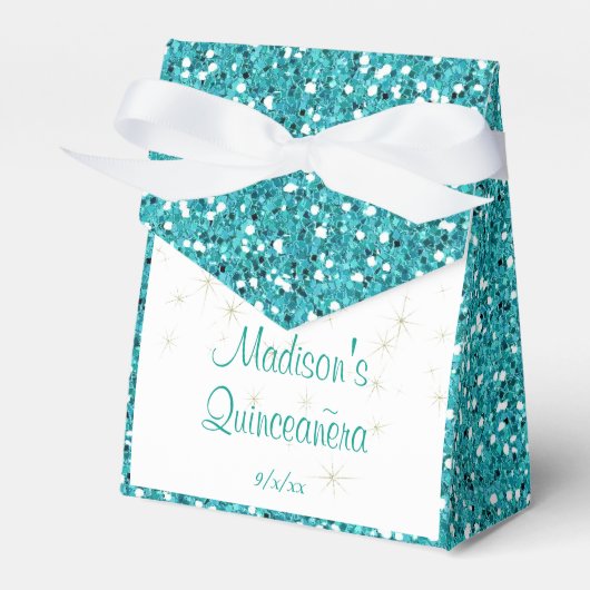 Elegante Turquoise Glitter, Quinceanera Custom Bedankdoosjes (Voorkant Zijde)