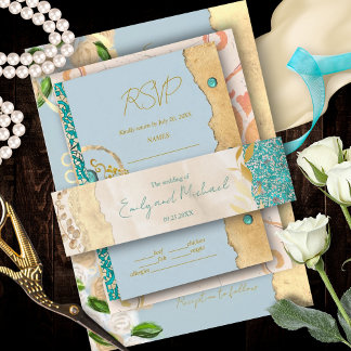 Elegante turquoise gouden bloemenkant bruiloft uitnodigingen wikkel