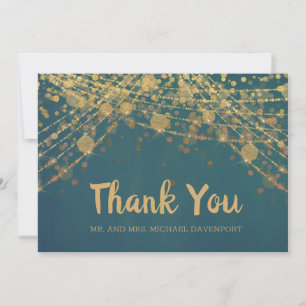 Elegante turquoise gouden slingerlichten bokeh bru bedankkaart