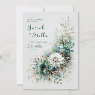 Elegante Turquoise Groen Goud Witte Bloemige Bruil Kaart