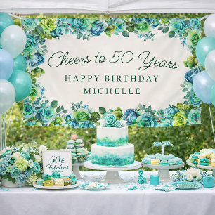 Elegante Turquoise Groene Bloemen Proost op 50 Ver Spandoek
