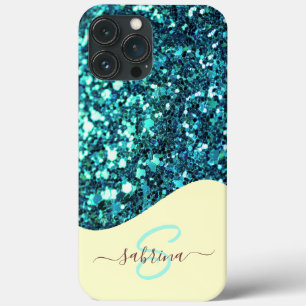 Elegante Turquoise Groene Drip Glitter Monogram Na iPhone 13 Pro Max Hoesje