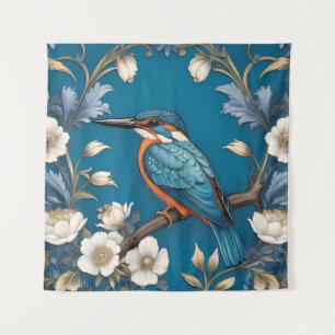 Elegante Turquoise Kingfisher Vogel Bloemen Wandkleed