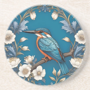 Elegante Turquoise Kingfisher Vogel Bloemen Zandsteen Onderzetter