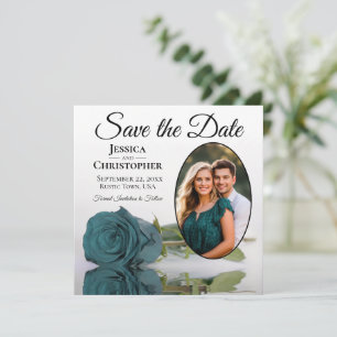 Elegante Turquoise Roos op Wit met Ovale Fotohuwel Save The Date