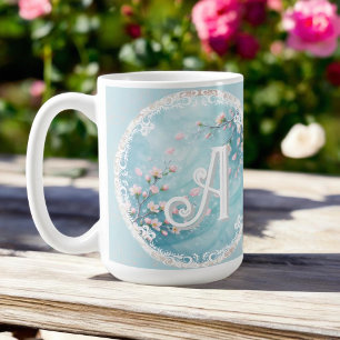 Elegante Turquoise Roze Kersenbloesem Initialen Koffiemok