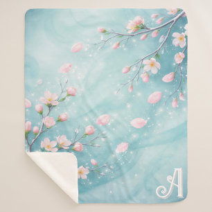 Elegante Turquoise Roze Kersenbloesem Initialen Sherpa Deken