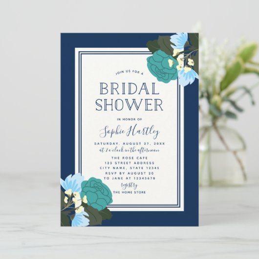Elegante Turquoise Rozen Bruidsaai Invitatie Kaart (Staand voorkant)