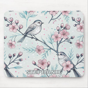 Elegante Turquoise Vogels Roze Kersenbloesem Muismat