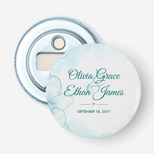 Elegante Turquoise Waterverf Bloemachtige Trouwuit Button Flesopener