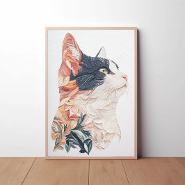 Elegante Tuxedo Cat met bladmotief – Paper Art Poster