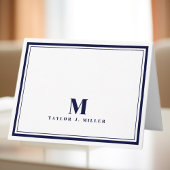 Elegante twee grens Monogram Chic Marine Blauw Notitiekaartje