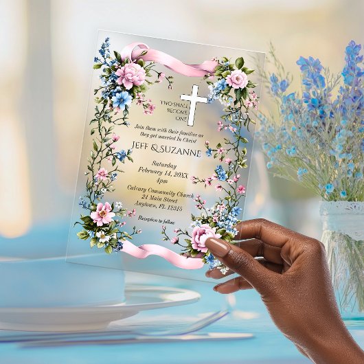 Elegante twee worden een roze lint bloemenkruis vellum uitnodigingen