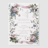 Elegante twee worden een roze lint bloemenkruis vellum uitnodigingen (Voorkant)