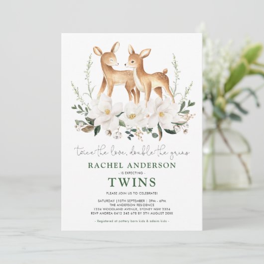 Elegante Tweeling Hert Witte Bloem Baby Shower Kaart (Staand voorkant)