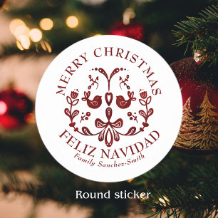 Elegante tweetalige Bourgondische vogels Kerstmis Ronde Sticker