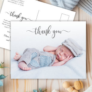 Elegante Typografie Pasgeboren Baby Foto Dank u Briefkaart