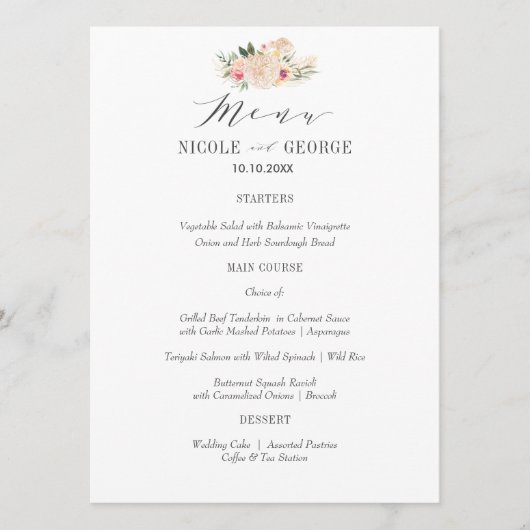 Elegante Typografie Pioen Goud Bruiloft of Partij Menu (Voorkant)